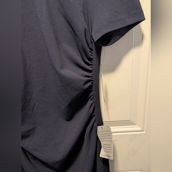 Nwt Maggy London Navy Blue Ruched Crewneck Short Sleeve Midi Dress Size 8 - Picture 3 of 4